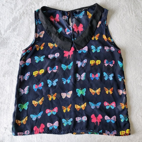 Butterfly Top Womens Large Chiffon Sheer Dainty Feminine Peter Pan Collar Blouse - Picture 9 of 14